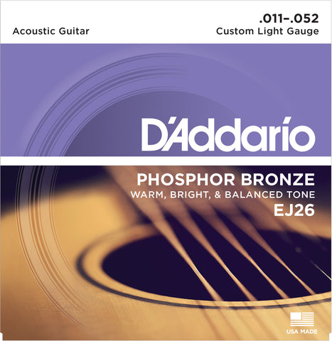 D'Addario EJ26 Phosphor Bronze, Custom Light, 11-52, Acoustic Guitar Strings