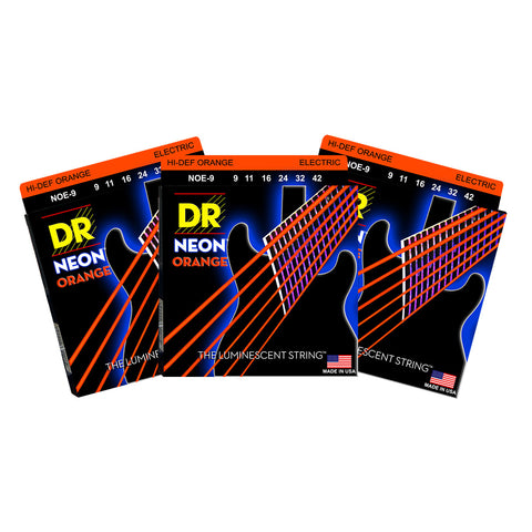 3 Sets DR Strings NOE-9 Neon Hi-Def Orange Light 9-42 Electric Guitar Strings