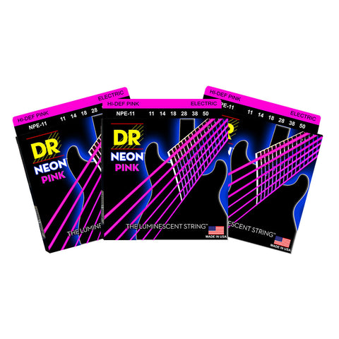 3 Sets DR Strings NPE-11 Neon Hi-Def Pink Heavy 11-50 Electric Guitar Strings