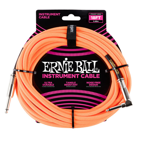 Ernie Ball 6084 18' Braided Neon Orange Straight to RA Instrument Cable