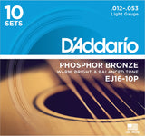 D'Addario EJ16-10P (10 Sets) Light 12-53 Acoustic Guitar Strings