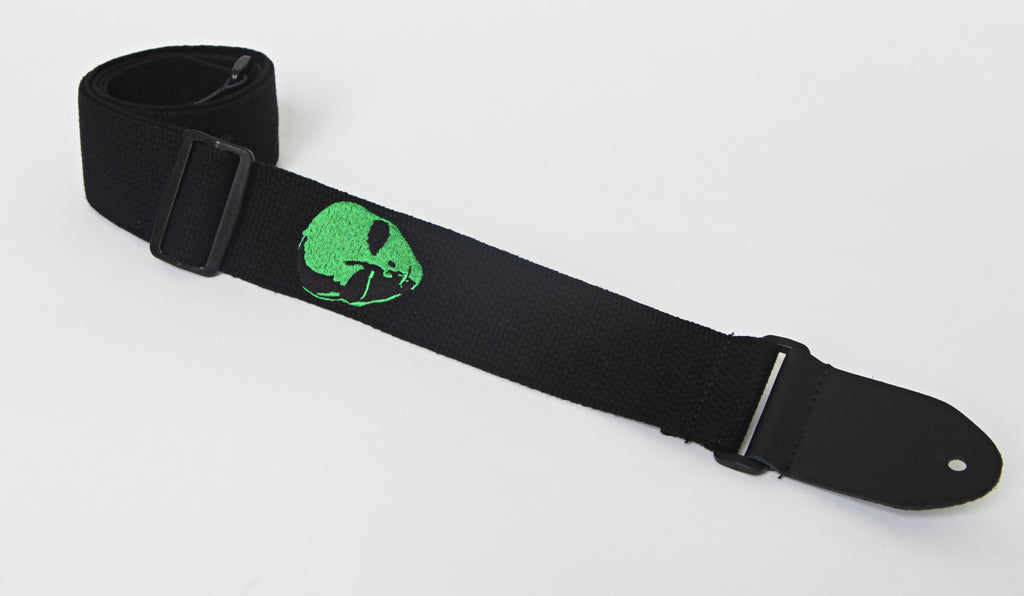 Henry Heller HCOT2EAL-BLK 2" Black With Green Alien Head Embroidered Cotton Guitar Strap