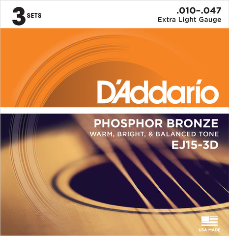 D'Addario EJ15-3D (3 Sets) Phosphor Bronze, Extra Light, 10-47, Acoustic Strings