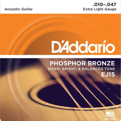 D'Addario EJ15 Phosphor Bronze, Extra Light, 10-47, Acoustic Guitar Strings