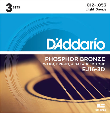 D'Addario EJ16-3D (3 Sets) Phosphor Bronze Light 12-53 Acoustic Guitar Strings