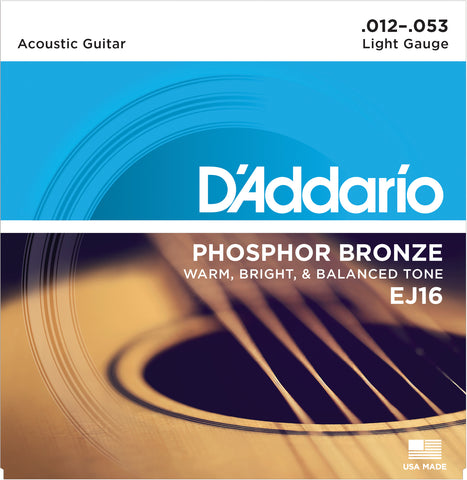 D'Addario EJ16 Phosphor Bronze, Light, 12-53, Acoustic Guitar Strings