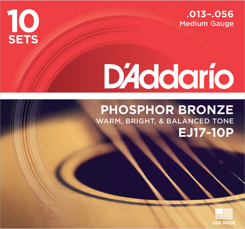D'Addario EJ17-10P 10 Sets Phosphor Bronze, Medium, 13-56, Acoustic Strings