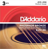 D'Addario EJ17-3D 3 Sets Phosphor Bronze, Medium, 13-56, Acoustic Guitar Strings