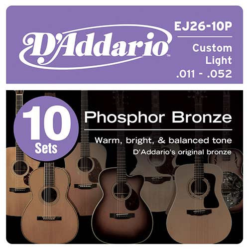 D'Addario EJ26-10P, 10 Sets PB Custom Light, 11-52, Acoustic Guitar Strings