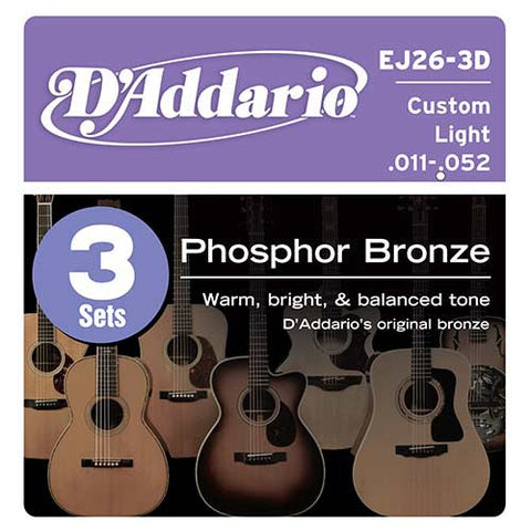 D'Addario EJ26-3D, 3 Sets Phosphor Bronze Custom Light 11-52 Acoustic Strings