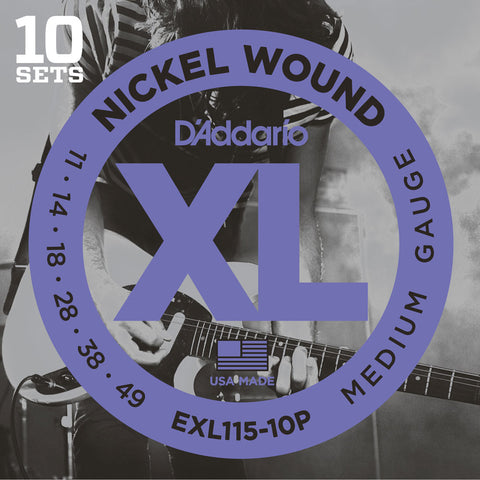 10 Pack D'Addario EXL115 Nickel Wound, Medium Blues Jazz Rock, 11-49 (EXL115-10P)
