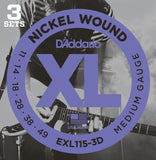 3 Pack D'Addario EXL115 Nickel Wound, Medium Blues Jazz Rock, 11-49 (EXL115-3D)