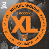 2 Pack D'Addario EXL160TP Nickel Wound Medium 50-105 Long Scale Bass Guitar Strings
