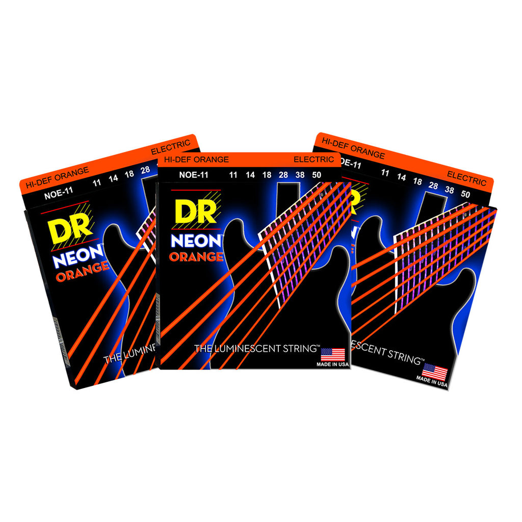 3 Sets DR Strings NOE-11 Neon Hi-Def Orange Heavy 11-50 Electric Guitar Strings