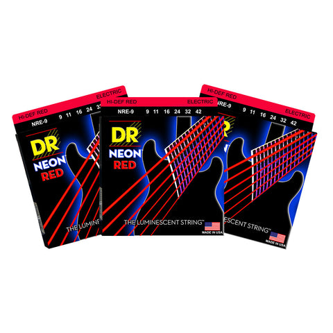 3 Sets DR NRE-9 Neon Red Light 9-42 Electric Guitar Strings