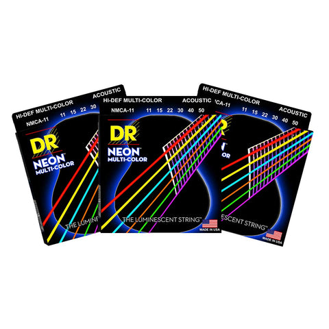3 Sets DR Strings NMCA-11 Neon Multicolor Medium Light 11-50 Acoustic Strings