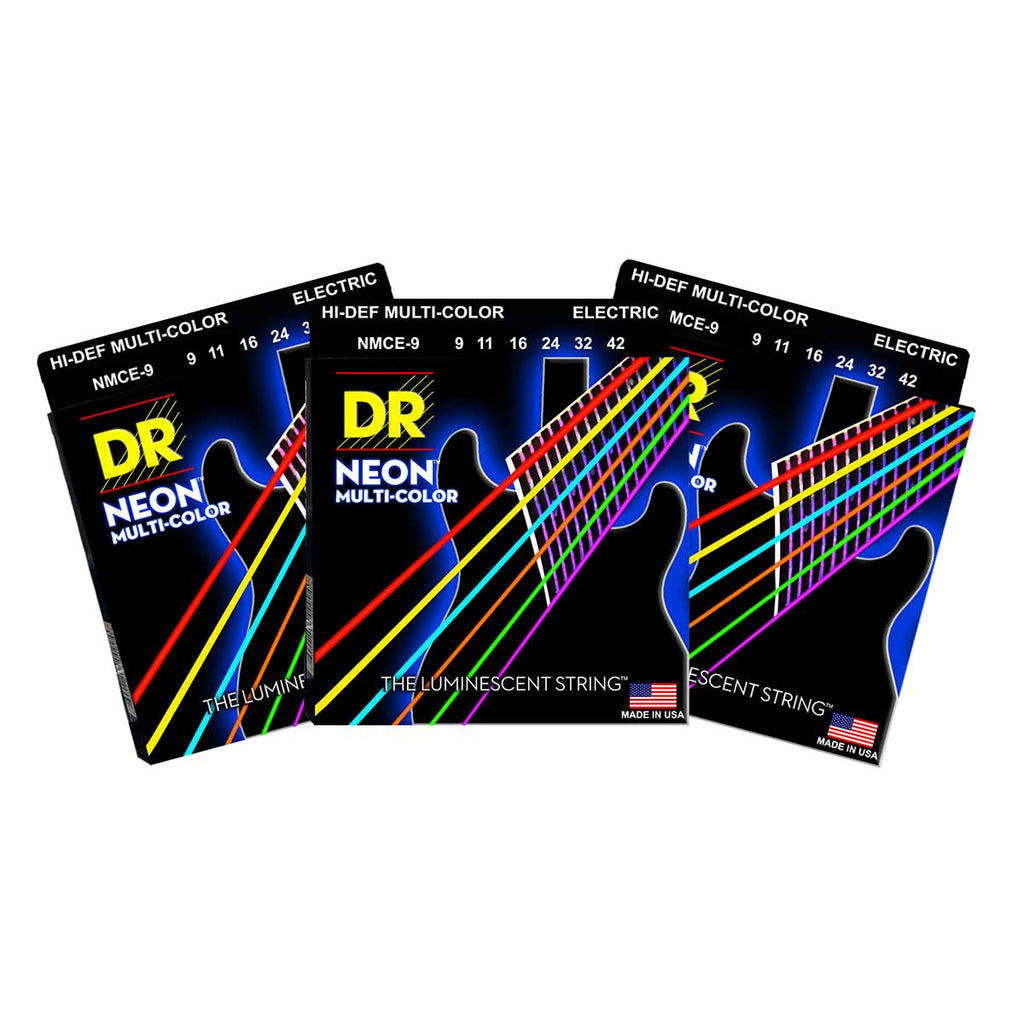 3 Sets DR Strings NMCE-9 Neon Hi-Def Multicolor Light 9-42 Electric Guitar Strings