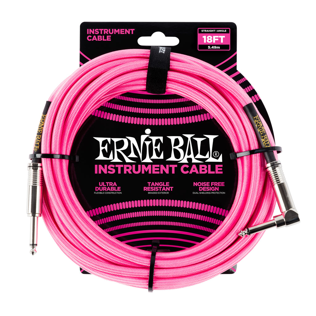 Ernie Ball 6083 18' Braided Neon Pink Straight to RA Instrument Cable