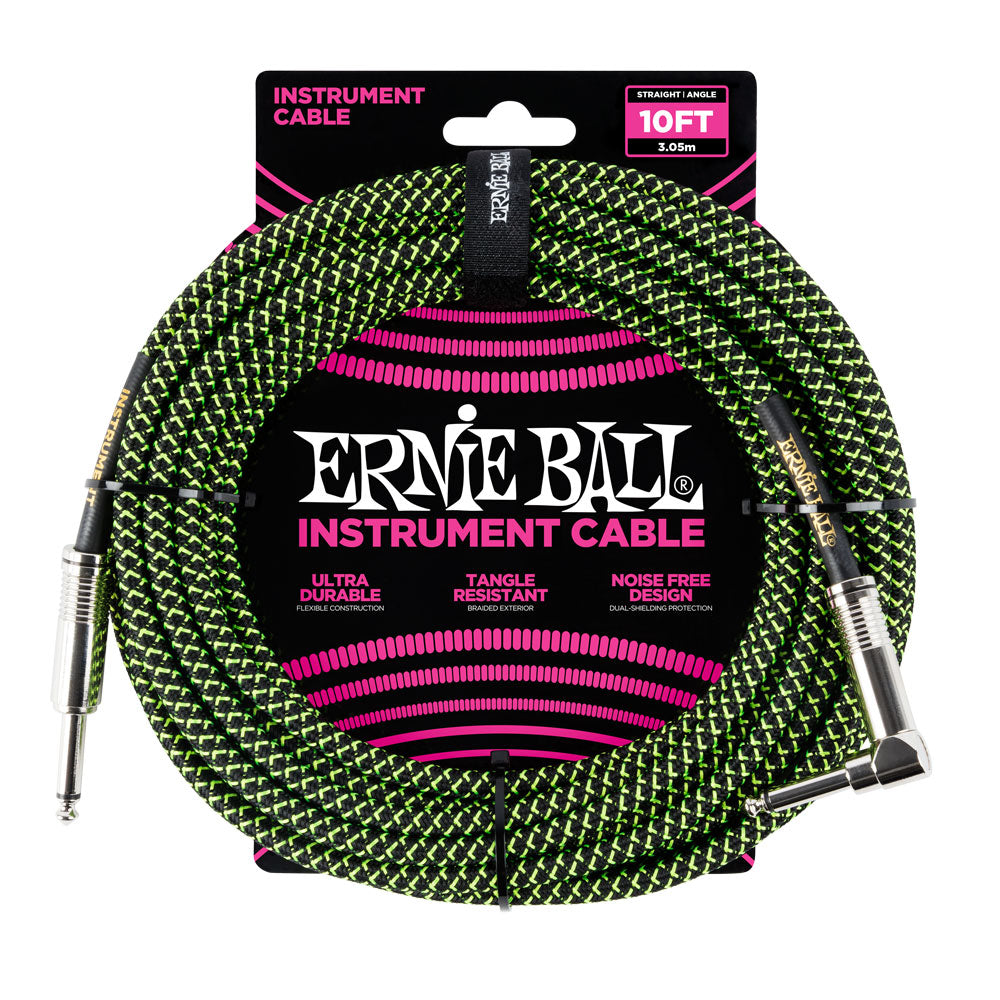 Ernie Ball 6077 10' Braided Black/Green Straight to RA Instrument Cable