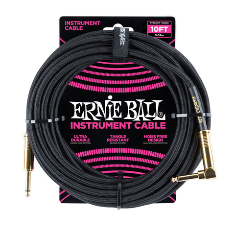 Ernie Ball 6081 10' Braided Black Straight to RA Instrument Cable