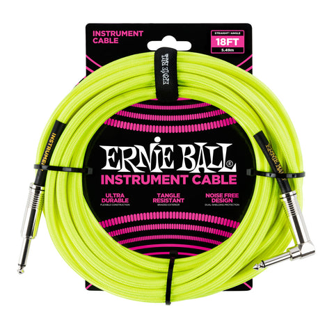 Ernie Ball 6085 18' Braided Neon Yellow Straight to RA Instrument Cable