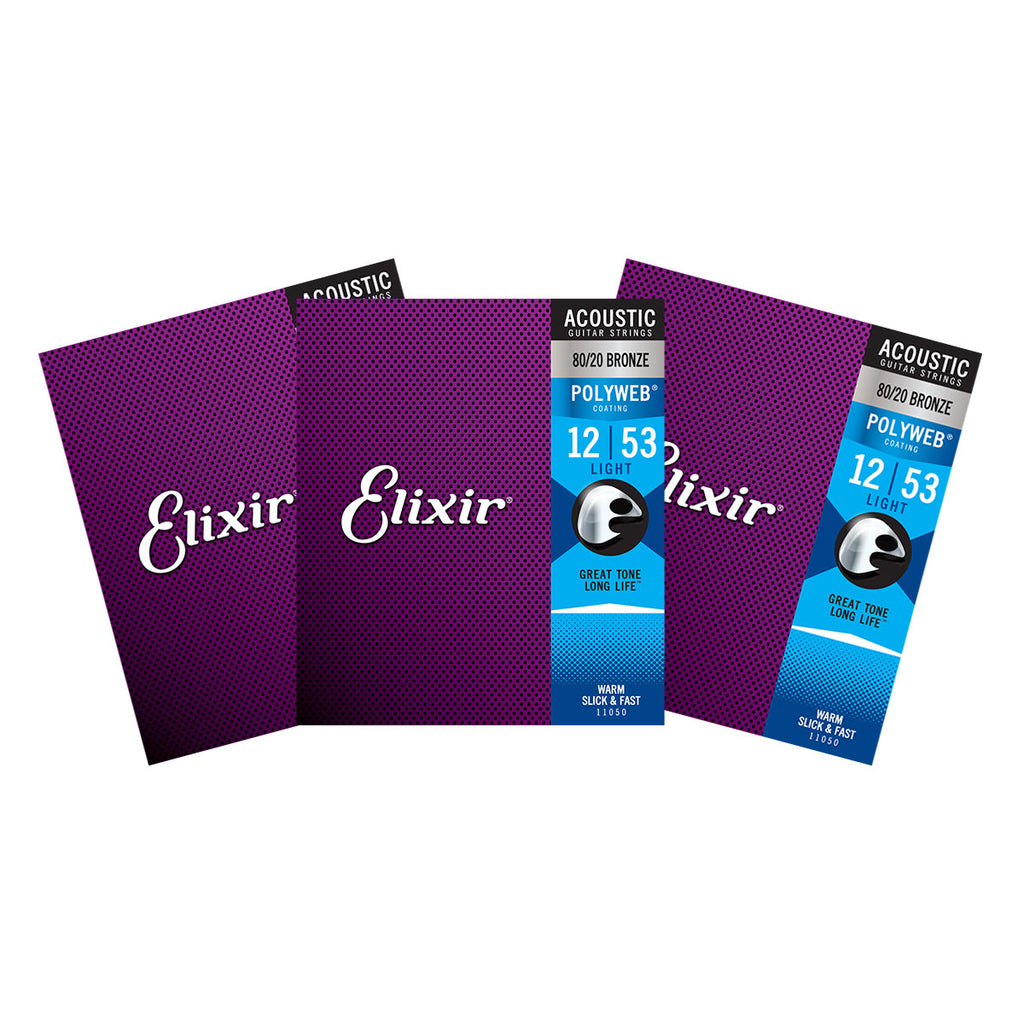 3 Sets Elixir 11050 Polyweb Light 12-53 80/20 Bronze Acoustic Strings