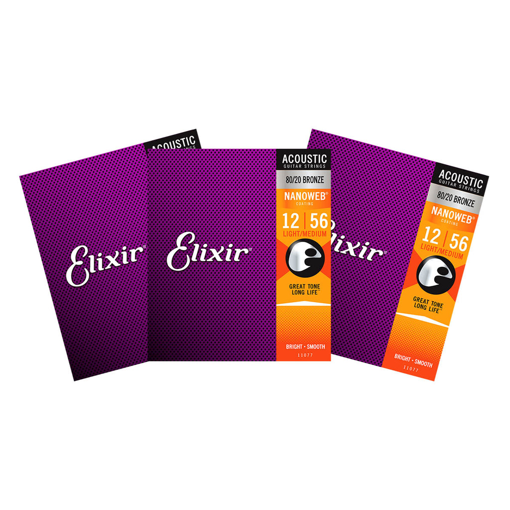 3 Sets Elixir 11077 Nanoweb Light Medium 12-56 80/20 Bronze Acoustic Strings